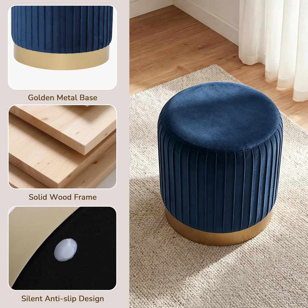 Round Velvet Ottoman, 16.5" H Footrest Stool with Gold Metal Base(Navy)