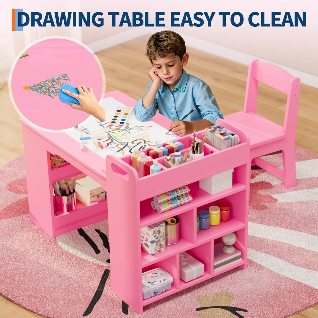 Kids Art Table and 2 Chairs Set with Paper Roll Holder & Storage, Pink