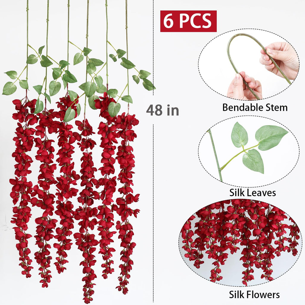 6Pcs Red Wisteria Hanging Flowers 48" Silk Wisteria Artificial Flowers Garland Vines Fake Hanging Flowers Decoration