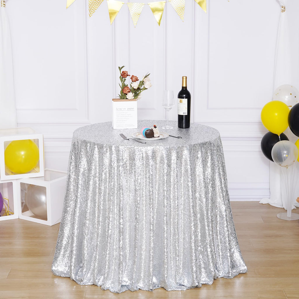 90 Inch Round Silver Sequin Tablecloth for Party Cake Dessert Table Exhibition Events