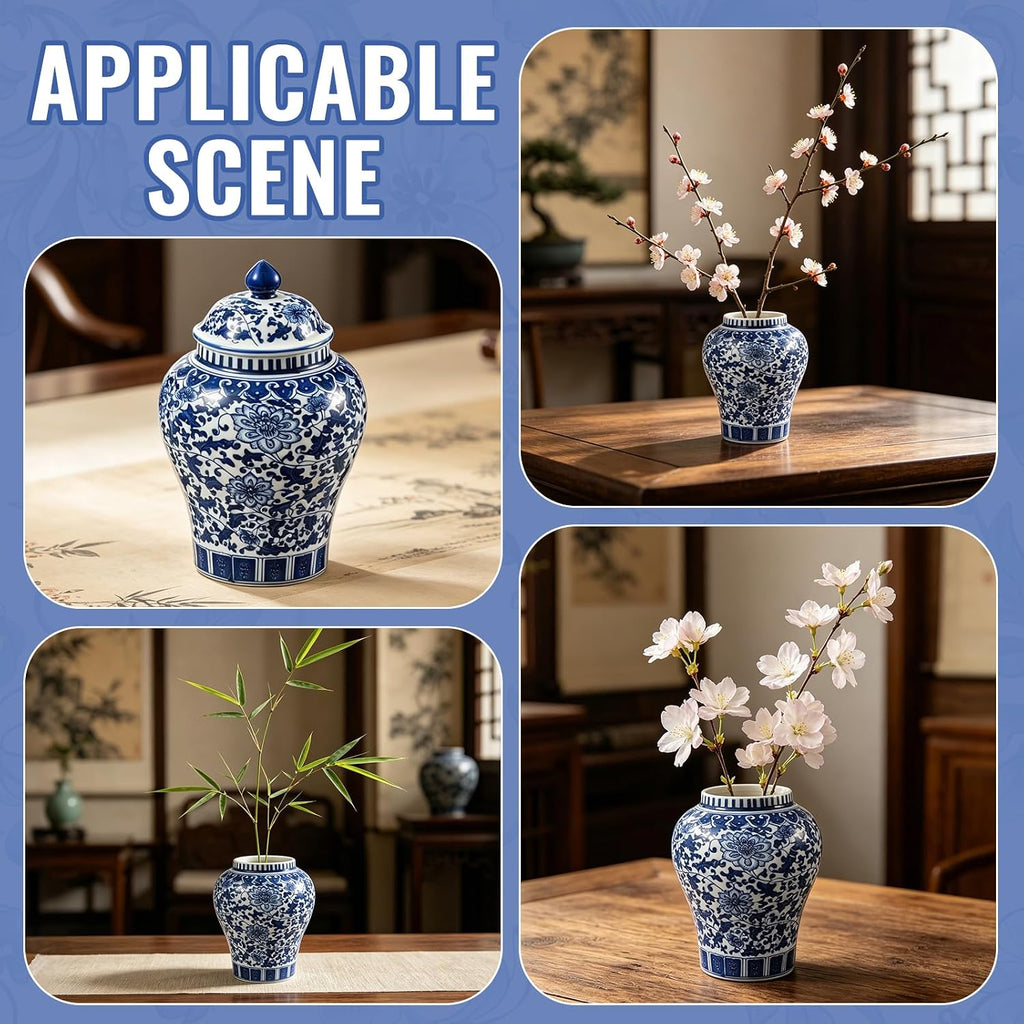 Blue and White Ginger Jar with Lid, 7.87 Inch Ceramic Chinoiserie Ginger Jar, Decorative Porcelain Ginger Vase