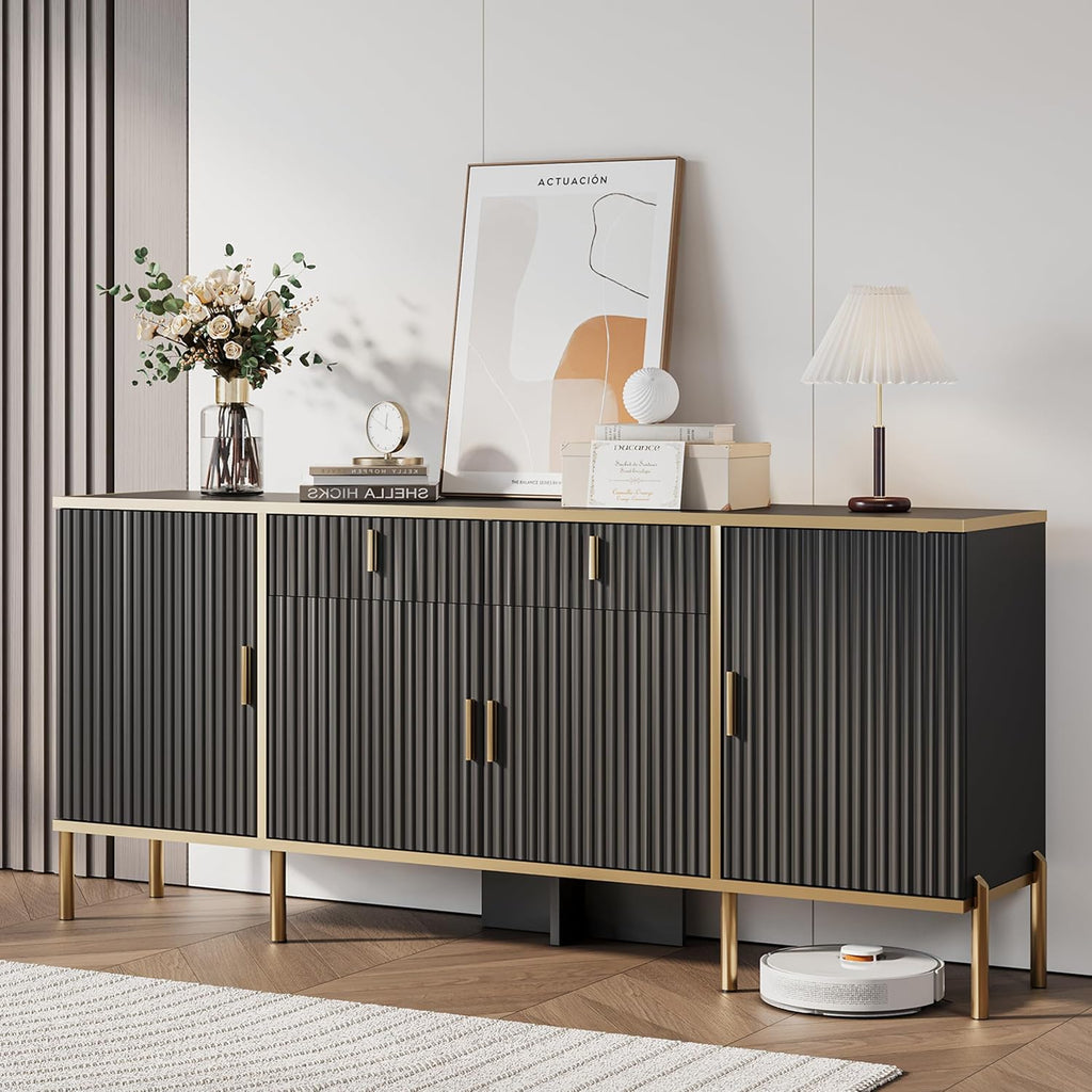 60" Fluted Buffet Cabinet with Storage, Modern Buffets & Sideboard with 2 Drawers, 4 Doors and Adjustable Shelves