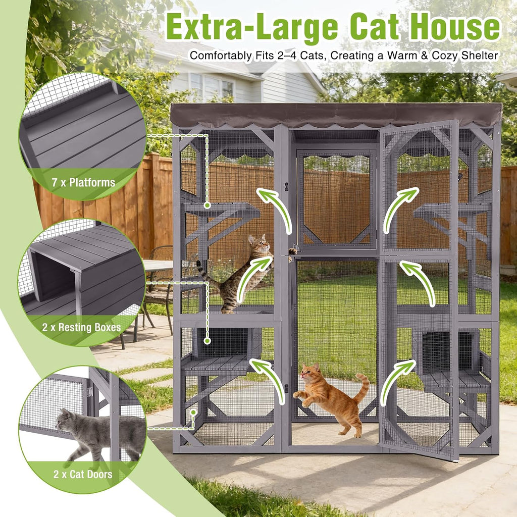 Catio Outdoor Cat Enclosure 70" Large Wooden Cat House Walk-in Cat Cage Kitty Shlter Playpen with 7 Platforms, 2