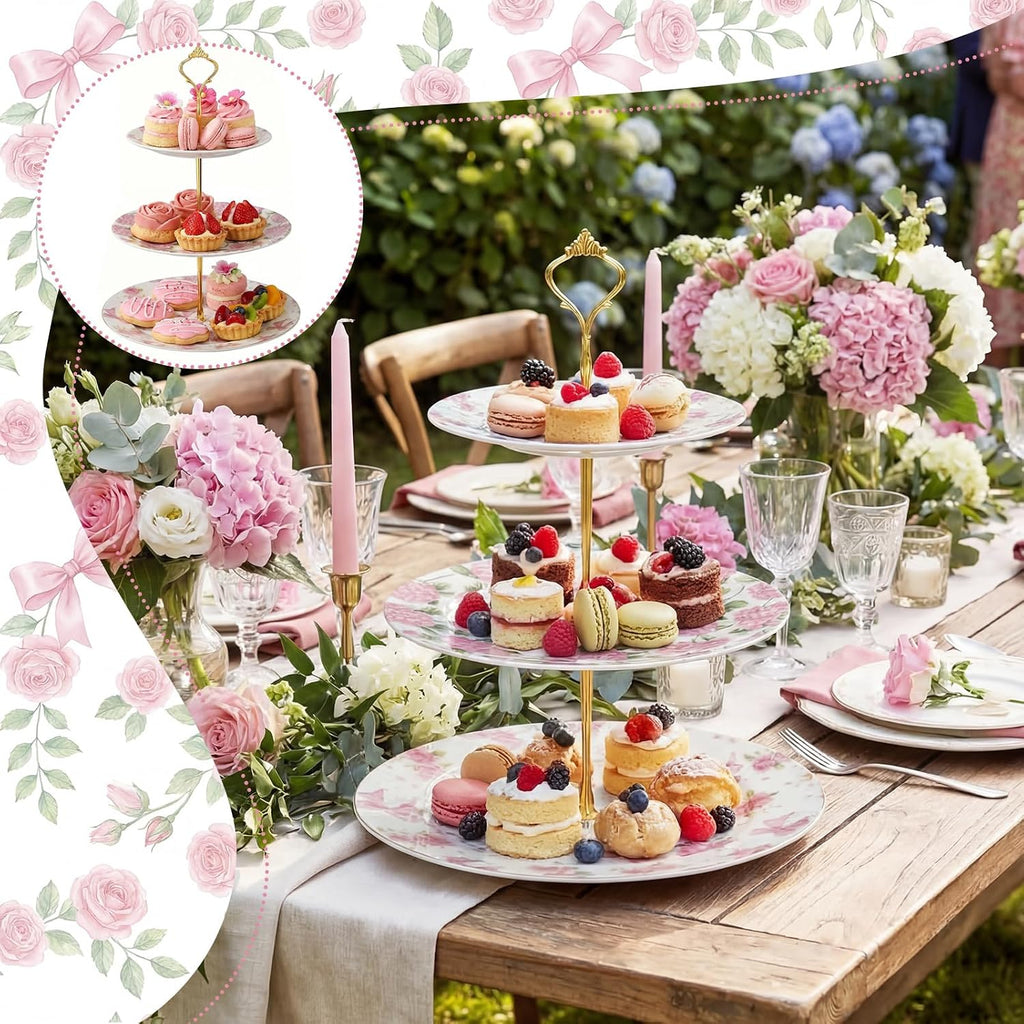 3 Tier Pink Floral Cake Stand Ceramic Coquette Dessert Stand with Gold Metal Rack Shabby Hydrangea Bow Cupcake Tower
