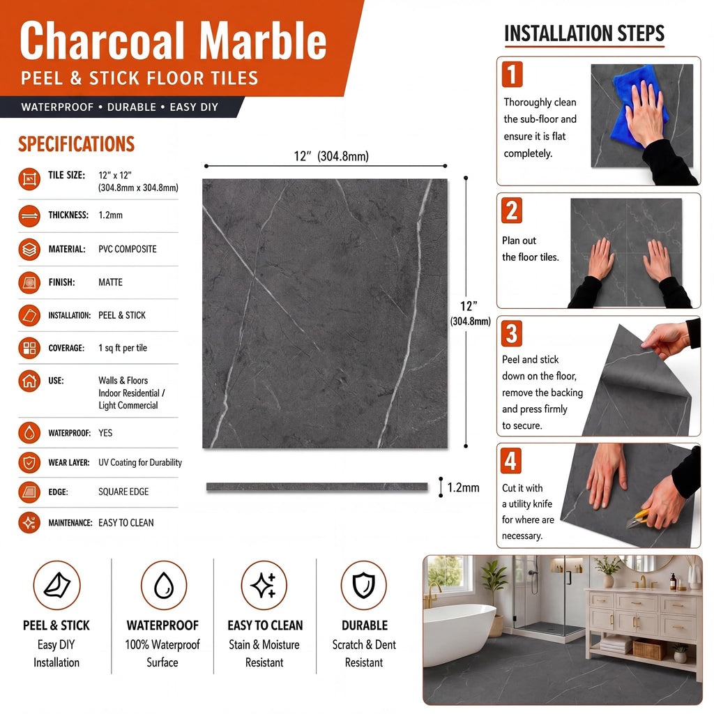 Peel and Stick Vinyl Floor Tiles 12"x12" x1.2mm - 30 Pcs Covers 30 Sqft Self-Adhesive Marble Look Flooring