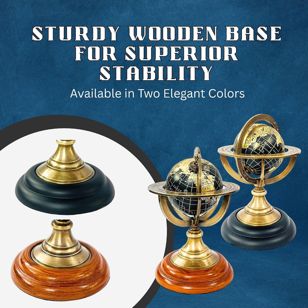 5.10" Nautical Brass Armillary Sphere World Globe with Jet Black Map & Black color Wooden Base - Elegant & Durable