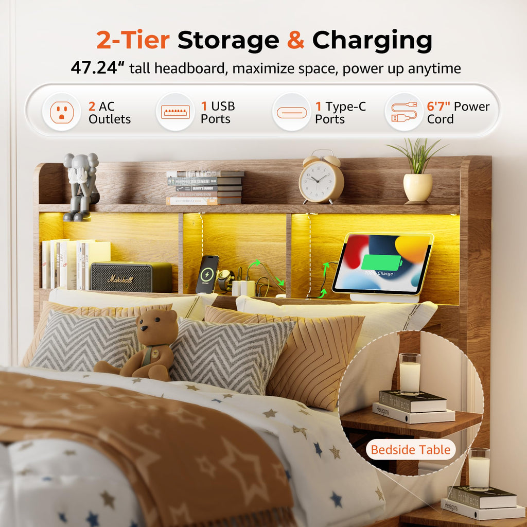 Full Size Bed Frame with 2-Tier Storage Headboard, LED Lights, Charging Station, 2 Drawers, 800lbs Capacity, Wood &
