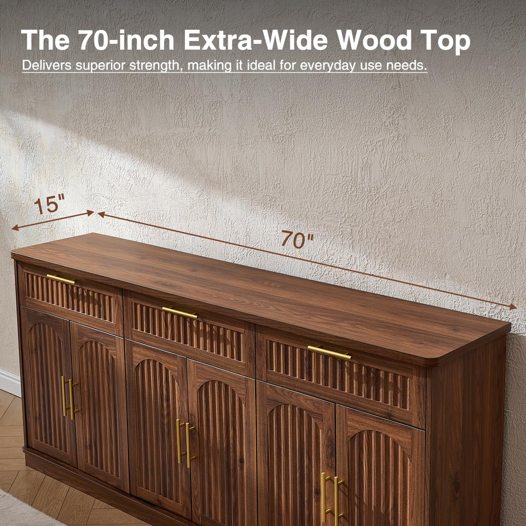 70" Modern Buffet Cabinet with 6 Doors & 3 Drawers Storage, Walnut