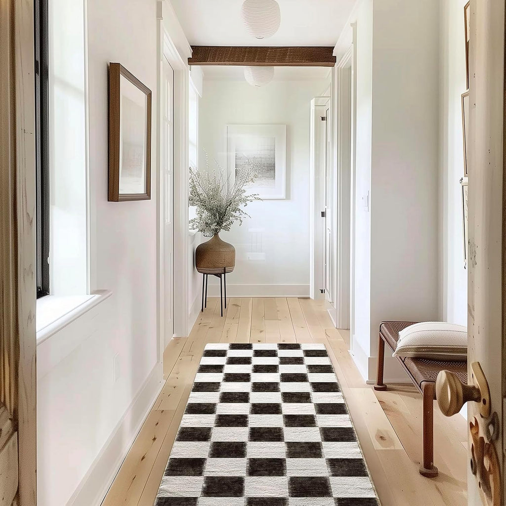 Checkered Plaid Area Rug 2x6, Soft Fuzzy Faux Wool Rugs Washable Anti Slip Rugs Long Runner Rug Carpet Bedroom Living