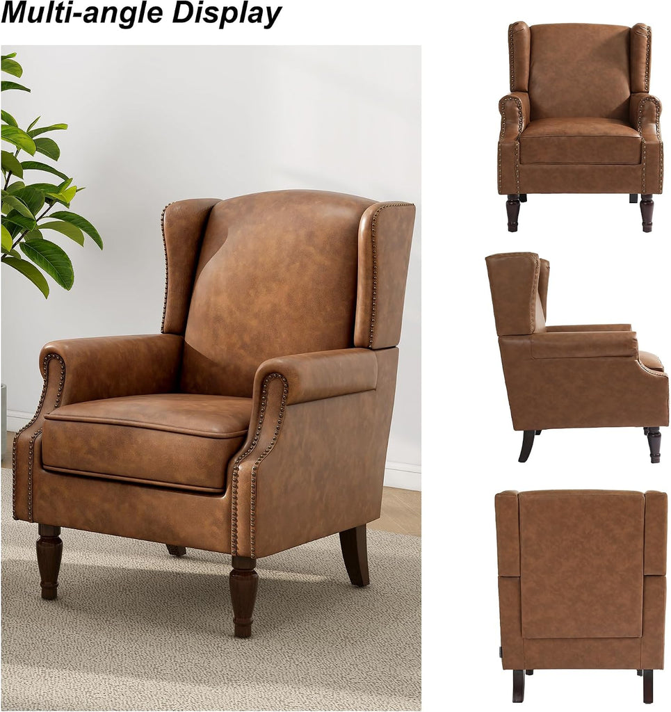 Faux Leather Wingback Accent Chairs with Wood Legs, Brown - Set of 2