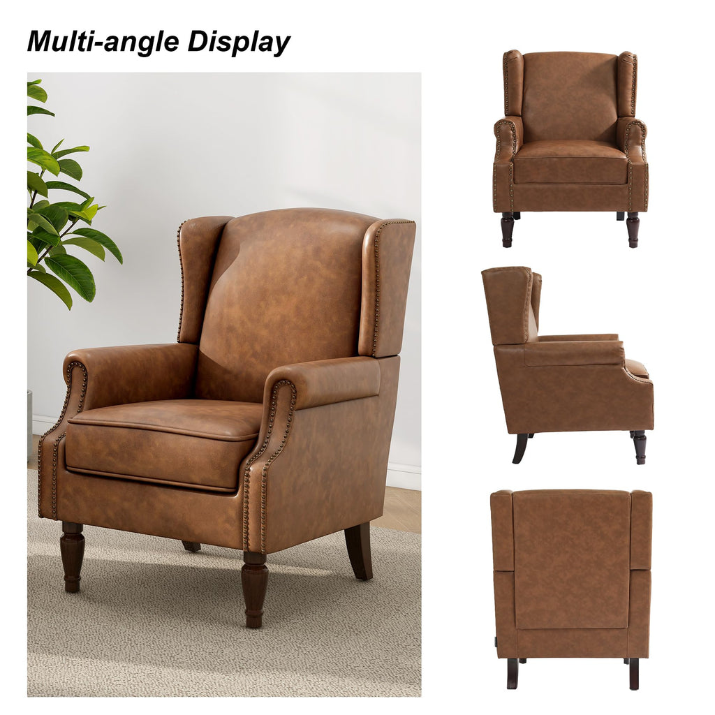 Faux Leather Wingback Accent Chair with Wood Legs, Brown, Set of 1