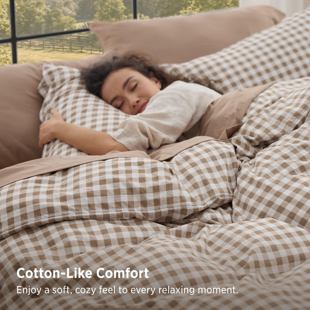 Brown Gingham Comforter Set, Soft Fall Bedding 3 pcs