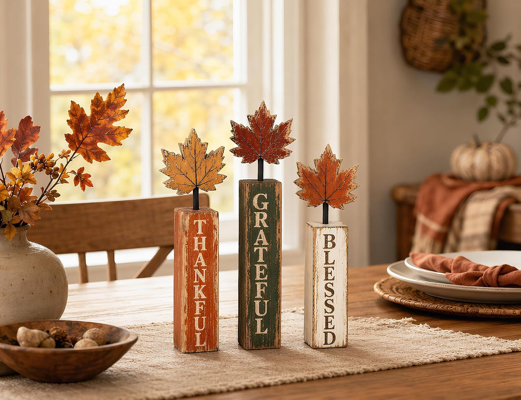 Fall Decorations Fall Table Decorations Blessed Grateful Thankful Wooden Block Sign, Thanksgiving Decorations - Set of 3