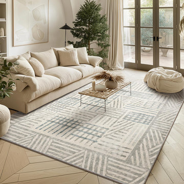 Area Rug Abstract Geometric Textured Brushstroke - Neutral Gray & Light Blue Modern Minimalist Area Rug