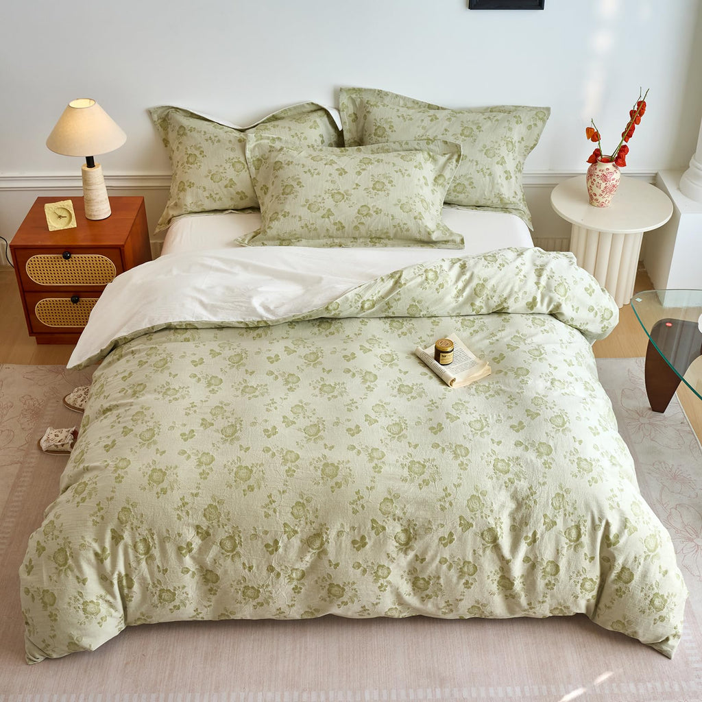 Sage Green Floral Duvet Cover Twin XL Textured Design, Premium Muslin Cotton Coquette Floral Comforter Cover Set for