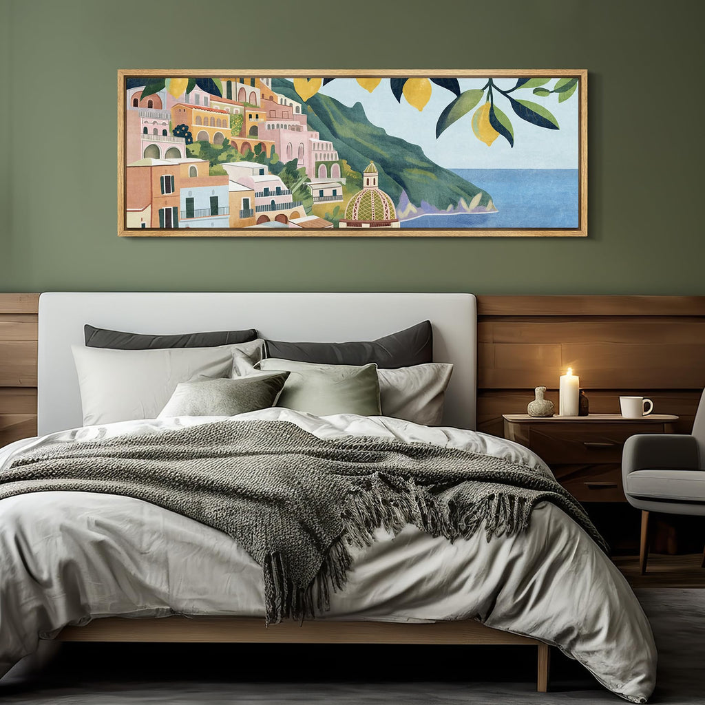 Large Framed Canvas Print Wall Art Mediterranean Coastal Village with Lemon Tree Antique Retro Fine Art Illustrations