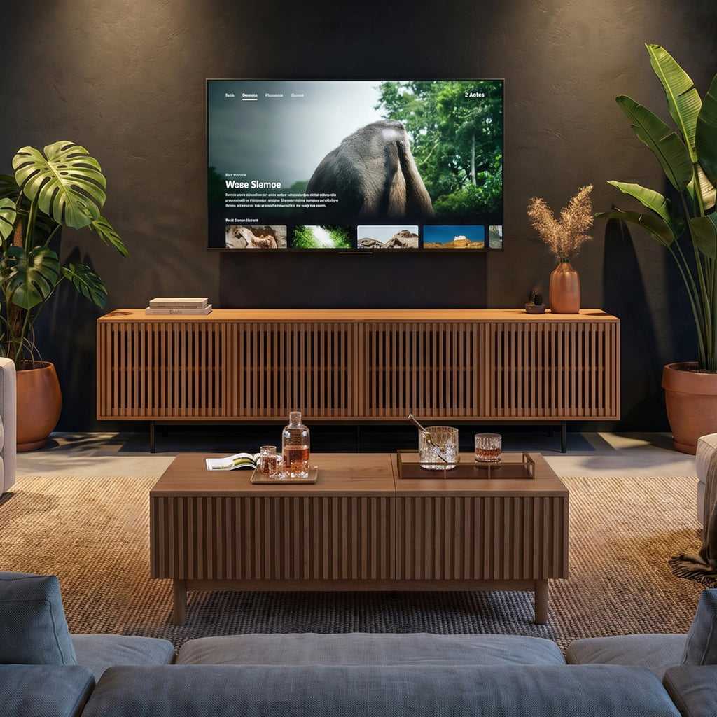 86.61" TV Stand with Slatted Doors, Media Console for 75+ TVs
