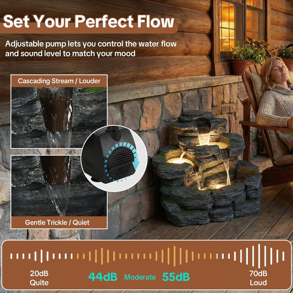 4-Tier Outdoor Water Fountain, 29.7" L Rustic Rock Waterfall Fountain with LED Lights