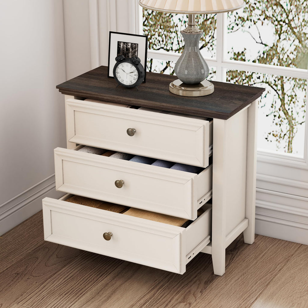 Farmhouse 3-Drawer - 31.5" Wide 3 Chest of Drawers Storage Cabinet as Nightstand or Bedside (Antique White & Brown)