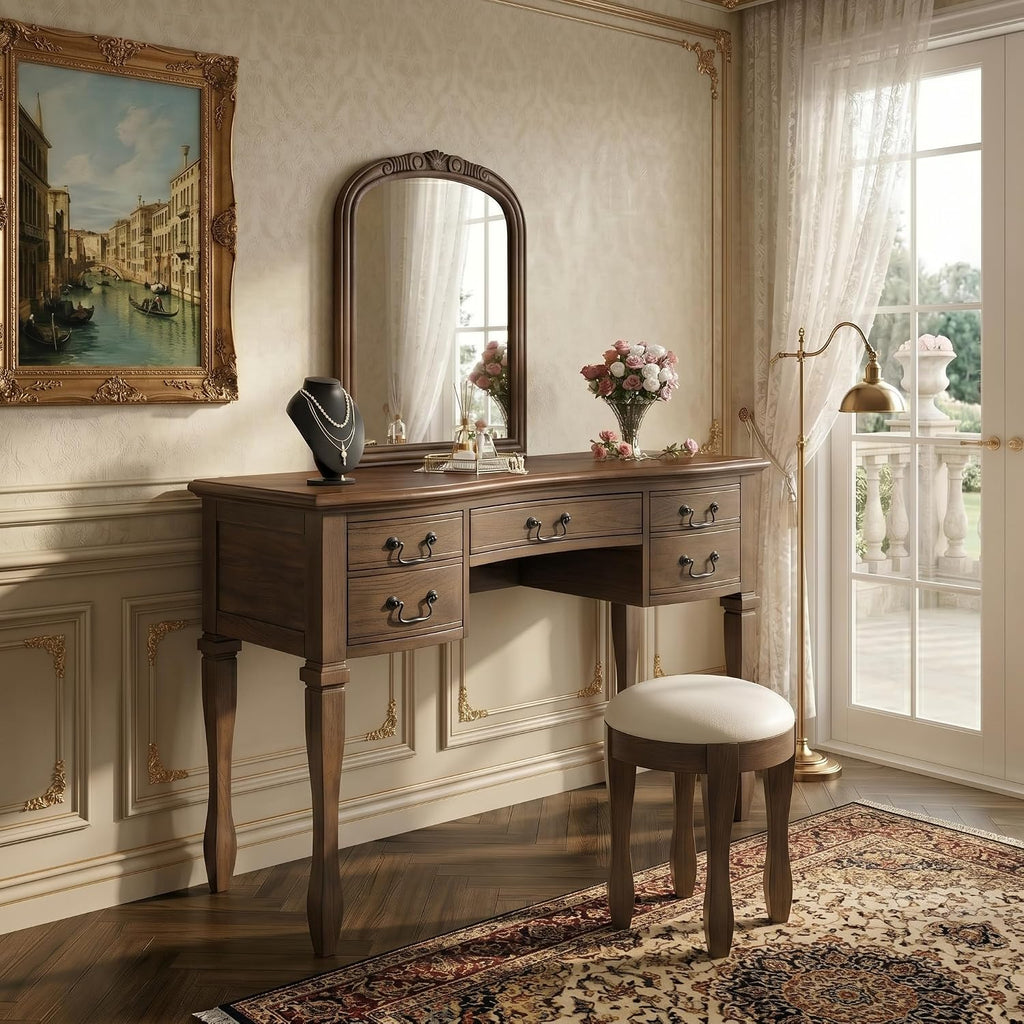 46" Vintage Vanity Desk with Curved Flower Frame Mirror, Wood Dressing Table with Storage, 5 Drawers, Makeup Vanity