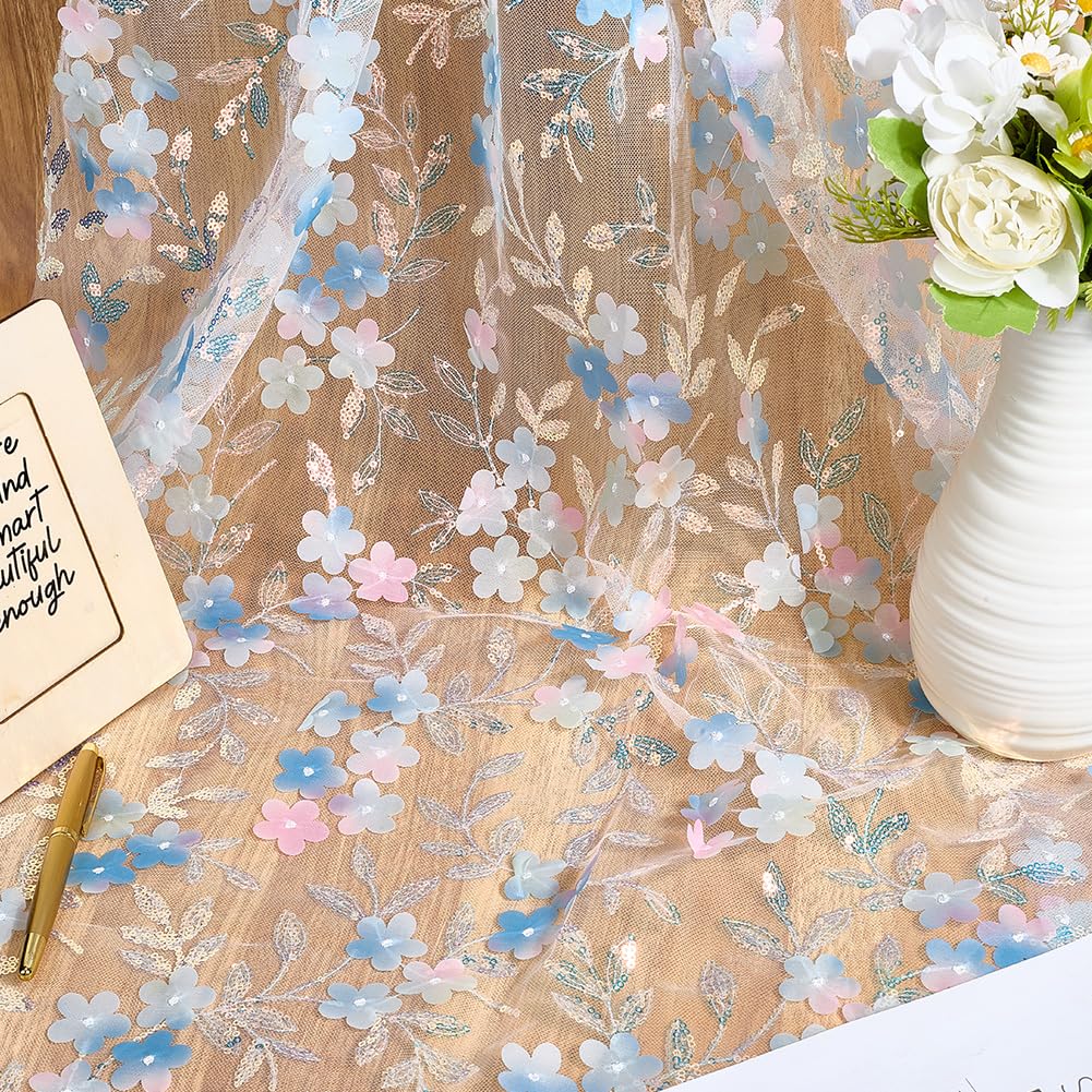 62.99 Inch Light Blue 3D Flower Sequin Tulle Cloth Pattern Netting Sheer Soft Polyester Sparkle Floral Glitter