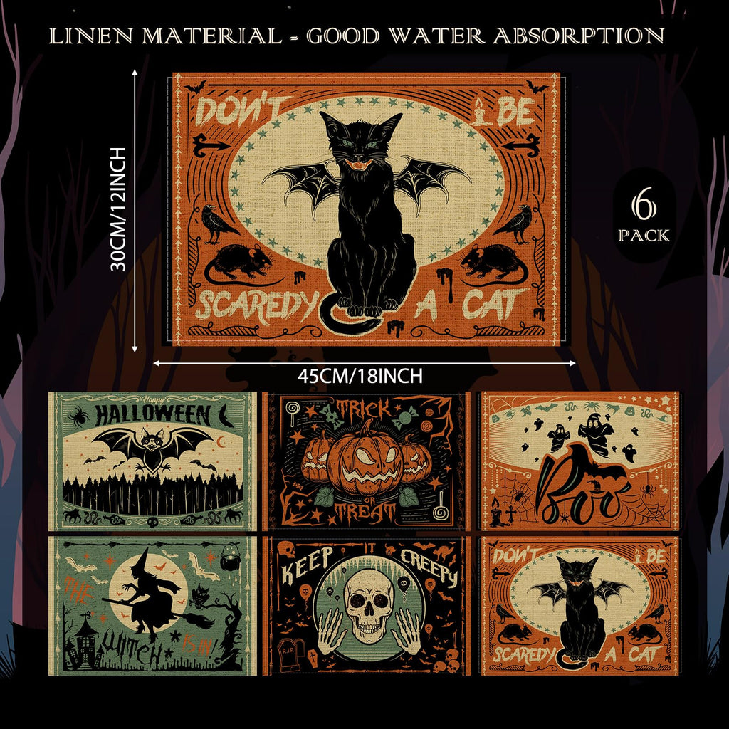 6 Pcs Halloween Placemats 12"x18" Gothic Bat Placemats Kitchen Decoration Washable Witch Place Mats Rectangle Skull