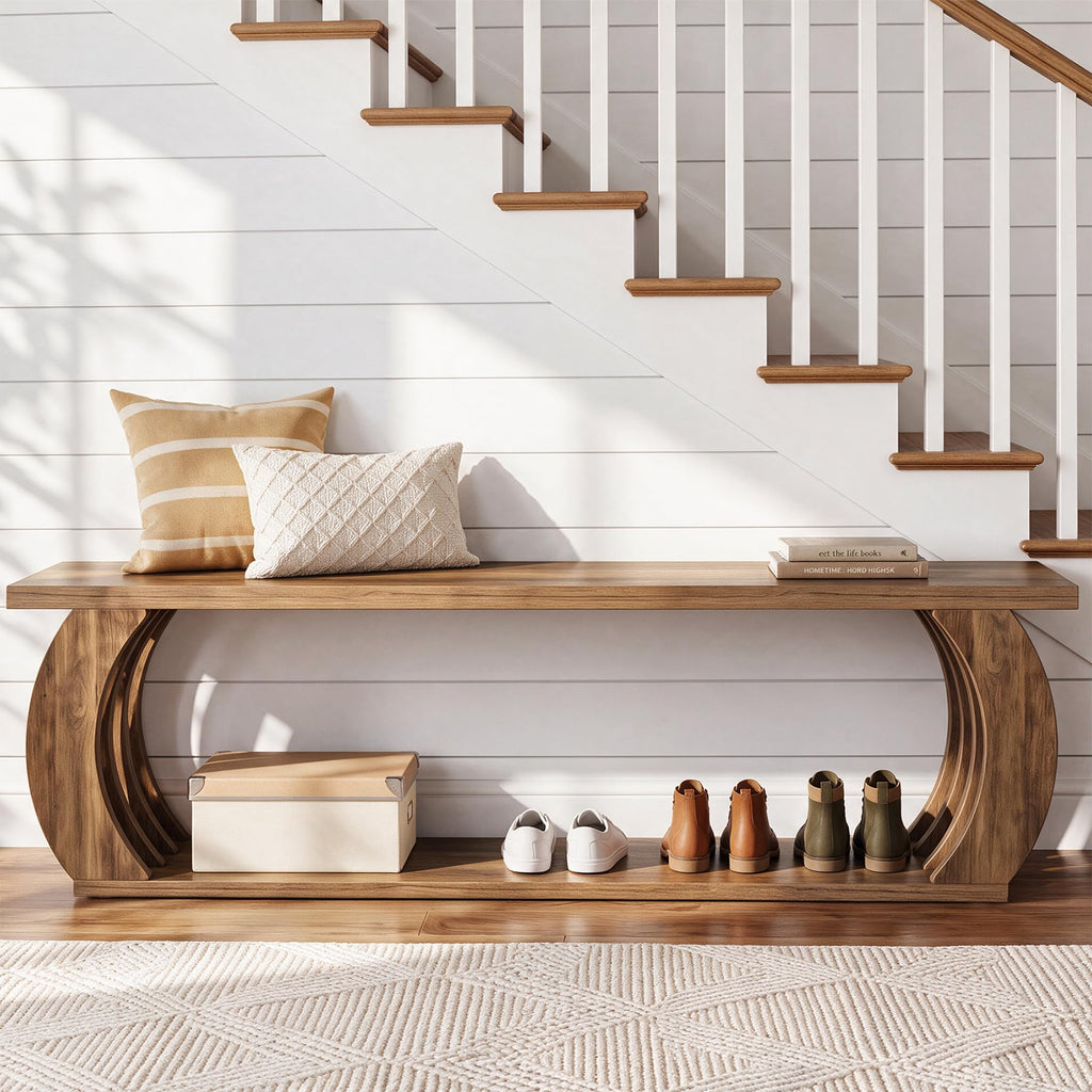 63" Entryway Bench with Storage, 2-Tier Farmhouse Wooden Bench