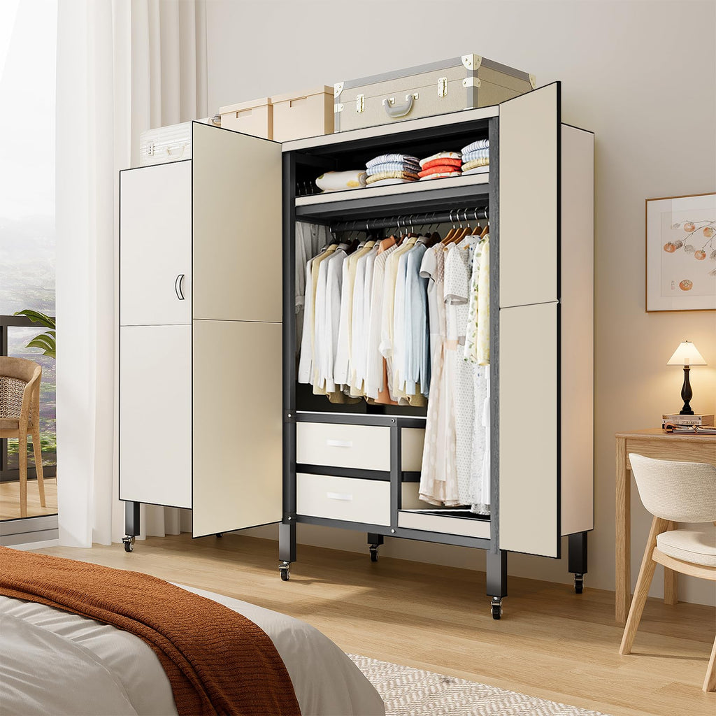 Heavy Duty Clothes Rack with Cover, Foldable Portable Wardrobe Closet with Drawers, Rolling Black Metal Garment Rack