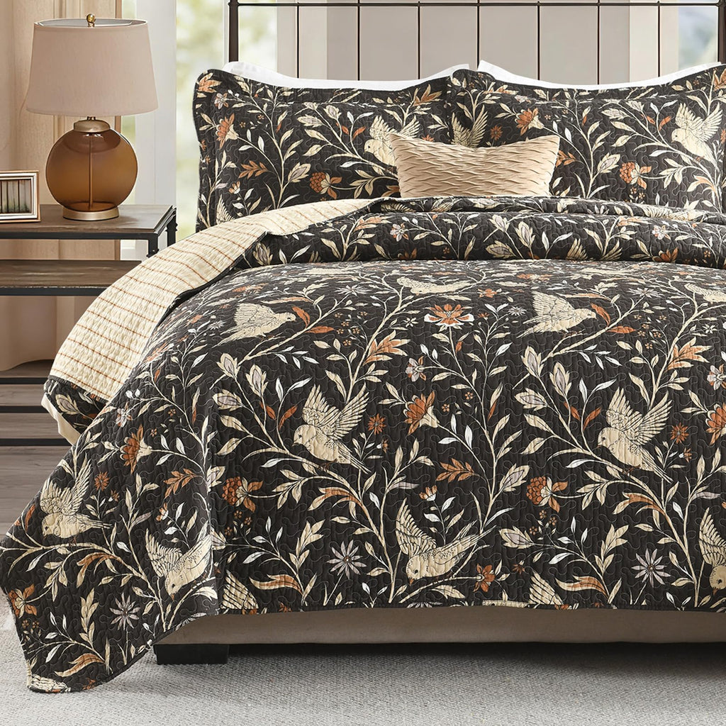 100% Cotton Quilt Set - Floral Quilted Comforter, Reversible Botanical Bird Pattern Farmhouse Quilt