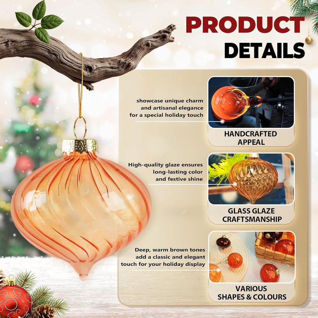 Brown Glass Christmas Ornaments, 12-Pc Vintage Ball & Onion Shapes for Tree - Set of 12