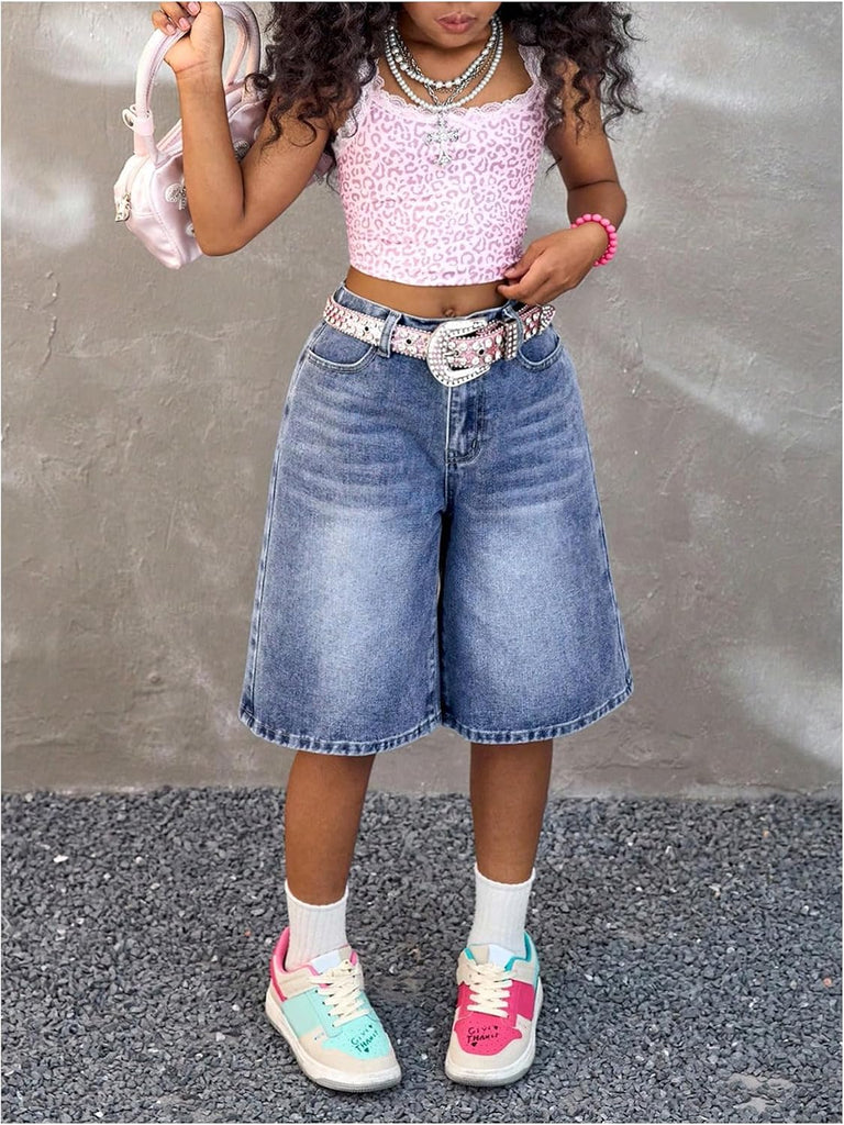 Girl's Baggy Jorts Elastic Waist Wide Leg Bermuda Denim Shorts