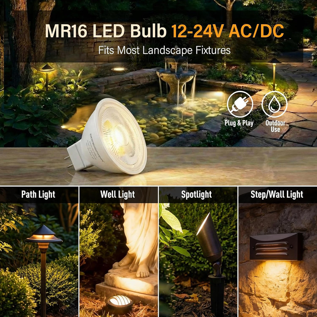 MR16 LED Bulbs, 12V-24V AC/DC Low Voltage Landscape Light Bulbs, 5W (50W Halogen Equiv.), 450LM 2700K Warm