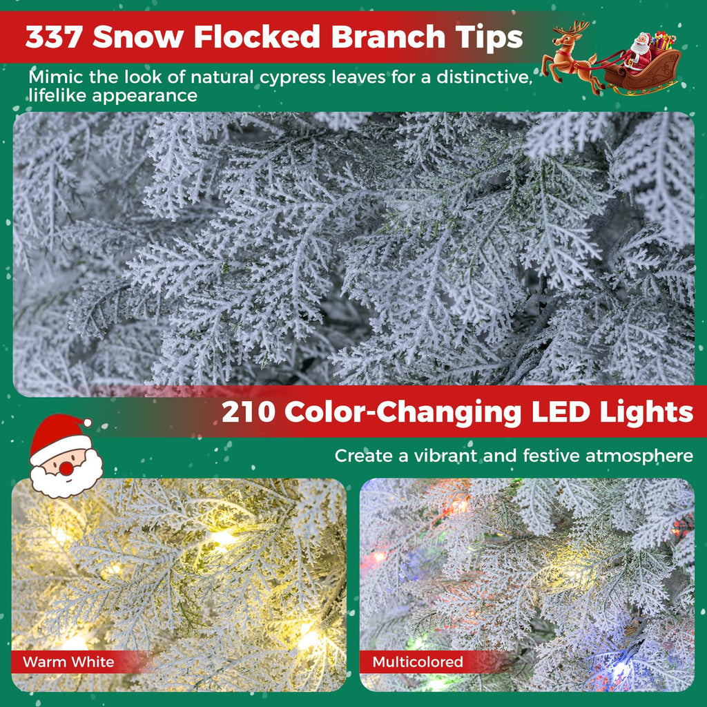 6 FT Artificial Christmas Tree, Hinged, Pre-Lit & Snow-Flocked