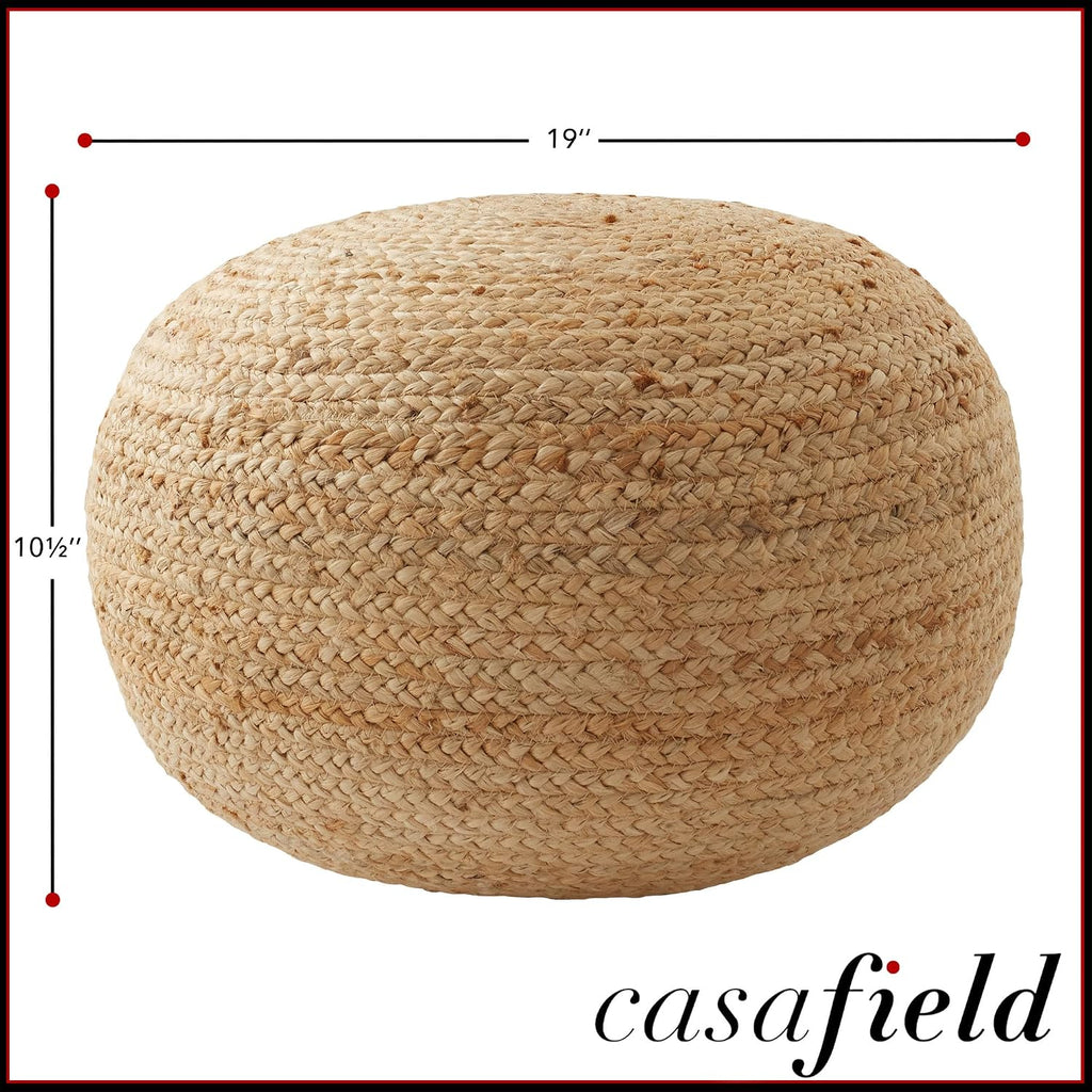 Hand-Braided Jute Pouf Ottoman Footrest, 19" W x 19" D x 10-1/2" H - Round, Natural Woven Boho Floor Cushion, Home
