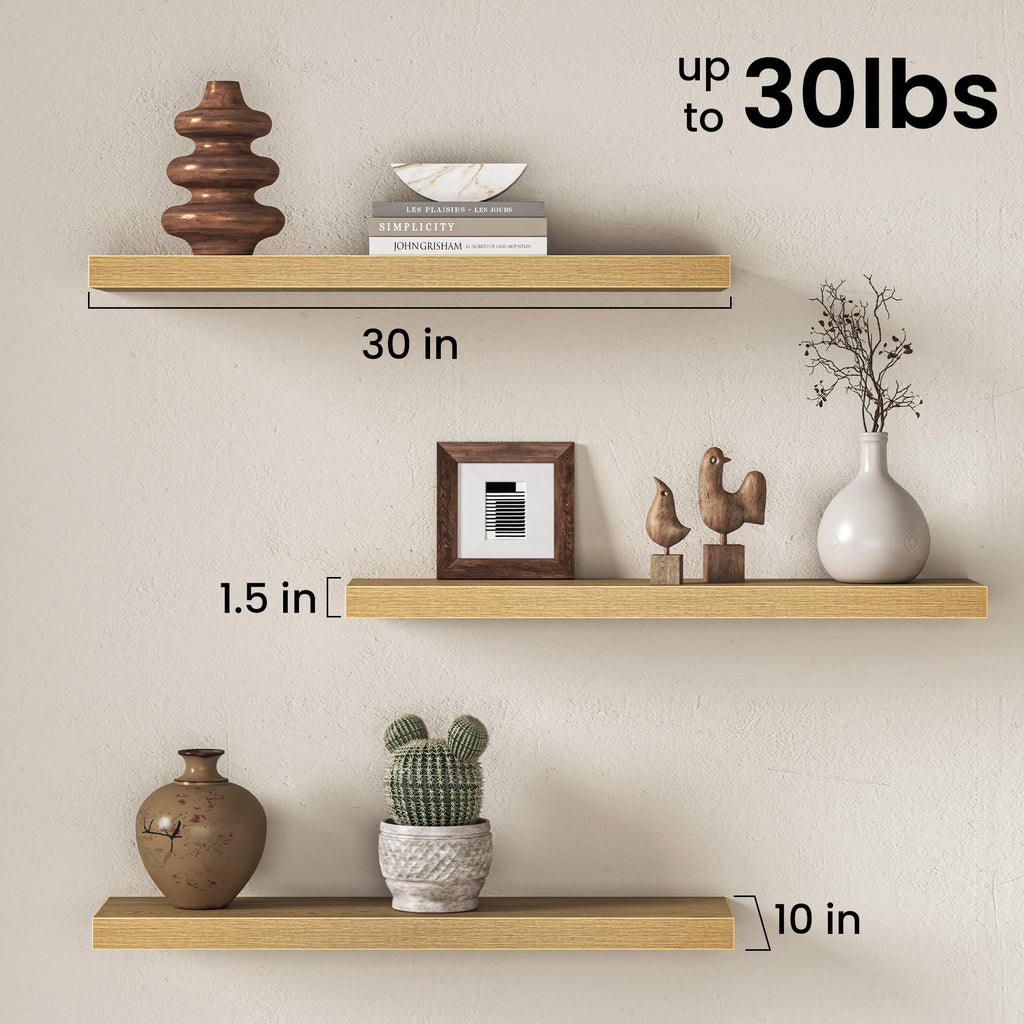 30 Inch Floating Shelves for Wall, Oak Wood Wall Mounted Shelf with Invisible Bracket, 10 Inch Deep Large Shelves