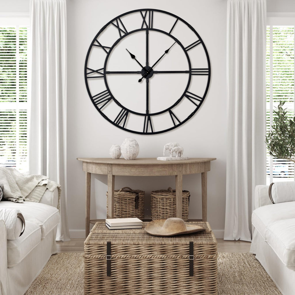 48 Inch Large Silent Wall Clock, Easy Assembly Roman Numeral Black