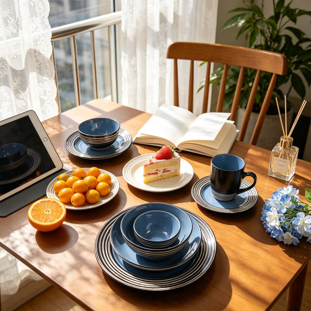 48 Piece Dinnerware Set, Ceramic Plates and Bowls Sets for 8, Microwave and Dishwasher Safe, Handcrafted Tree Bark