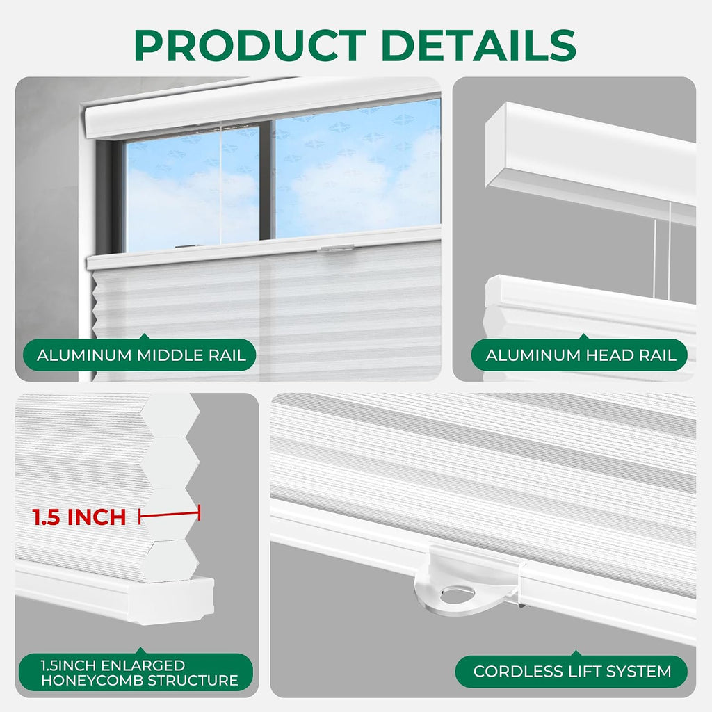 Top Down Bottom Up Cordless Cellular Shades,Thermal Insulation Honeycomb Blinds Windows,(Clear White,21"x48")