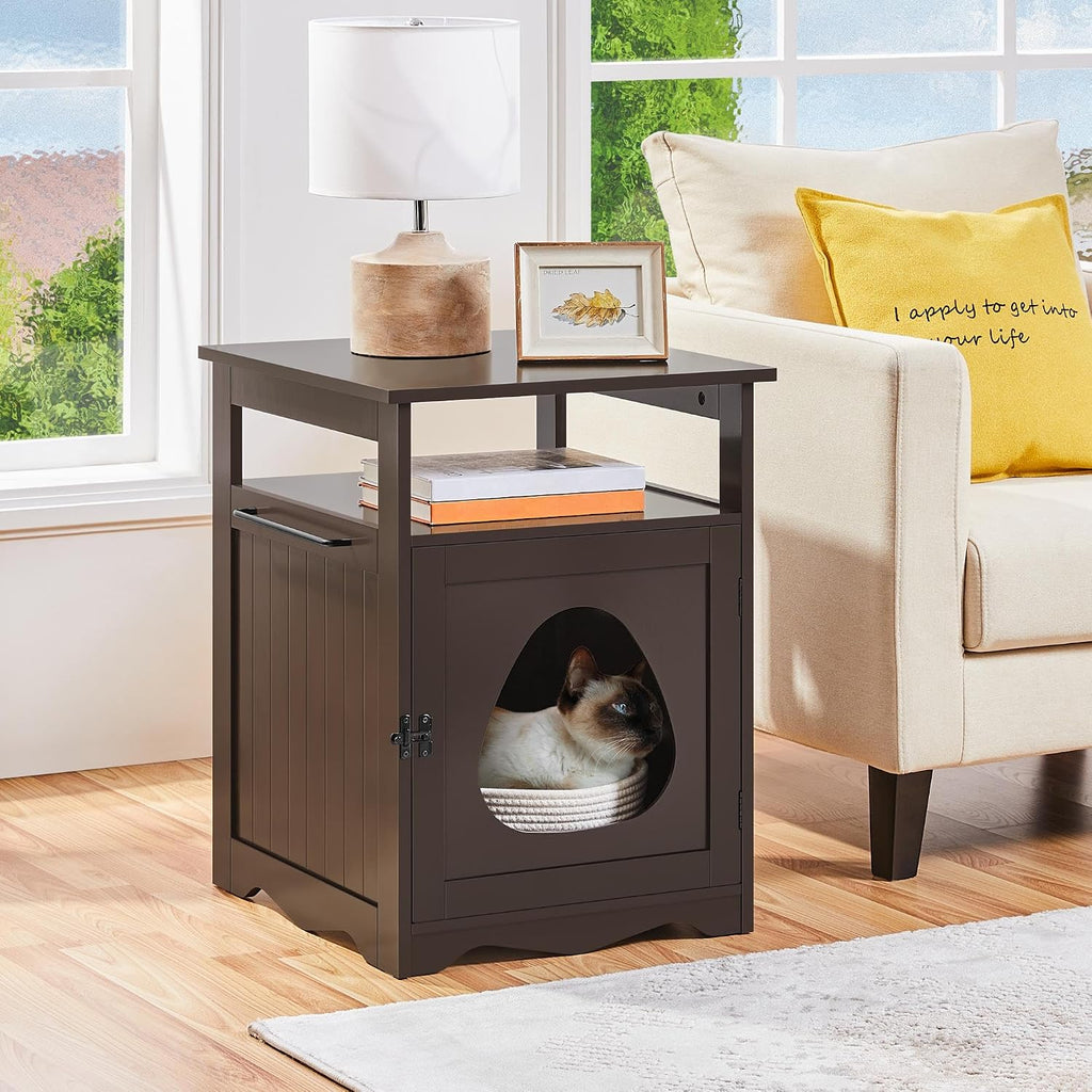 Hidden Cat Litter Box Enclosure Furniture with Storage Shelf