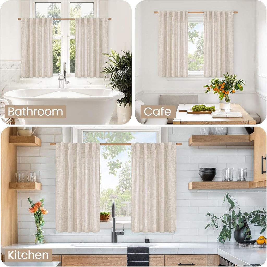 Linen Cafe Curtains 36 Inch Length for Small Windows, Half Drapes Semi Sheer with Rod Pocket and Back Tab Textured