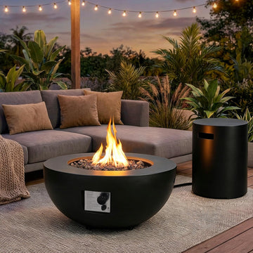 2-Piece Outdoor Propane Fire Pit Table Set w/Tank Cover Table, 31.5-inch 50, 000 BTU Black Bowl Concrete Firepit