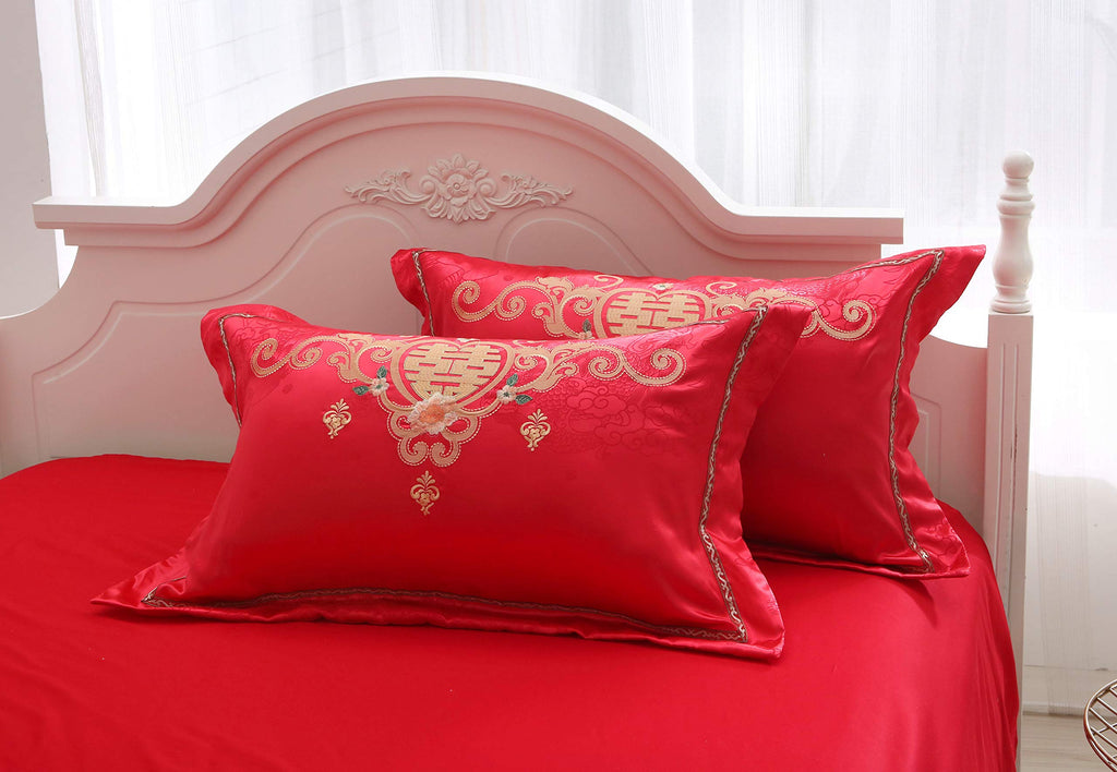Chinese Wedding Bedding Set Queen 4Pcs - Red Satin Sheets with Dragon & Phoenix Embroidery, 100% Cotton Satin, Duvet