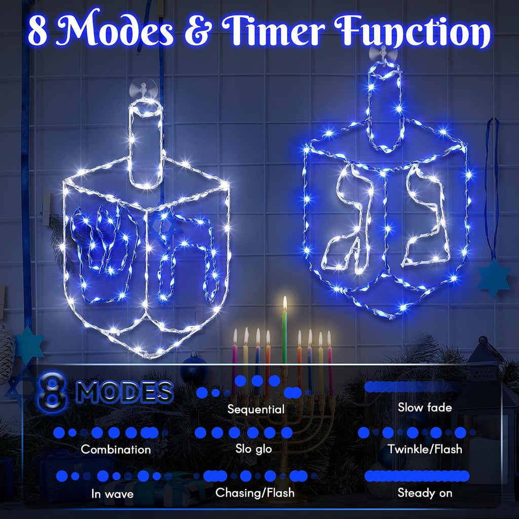Hanukkah Decorations Window Lights, 8 Modes Blue White Chanukah LED Silhouette Lights Battery Operated - Set of 2