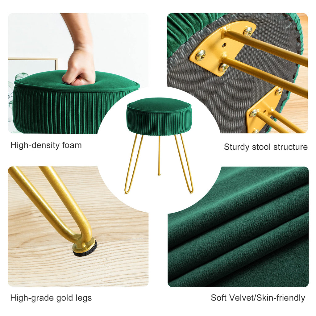 Pleated Vanity Stool, Velvet Upholstered for Makeup Room, Round Mondern Stool for Vanity, Ottoman Footrest with Metal