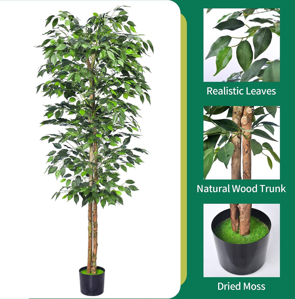 2Packs 6FT Artificial Ficus Trees with Realistic Leaves and Natural Trunk, Faux Ficus Tree with Sturdy Plastic