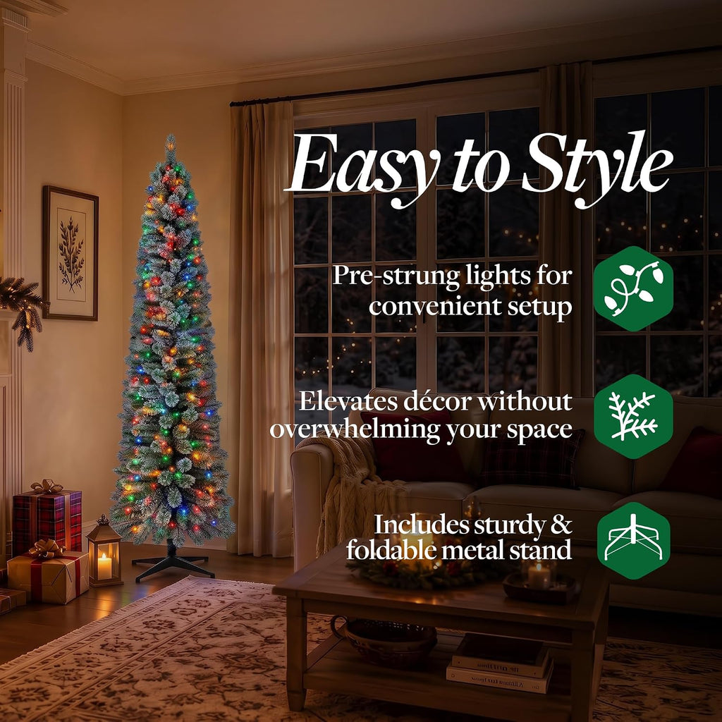 Stanley Slim Pre-Lit Pencil Christmas Tree - Artificial Pine with 350 Multicolor Incandescent Lights and 335