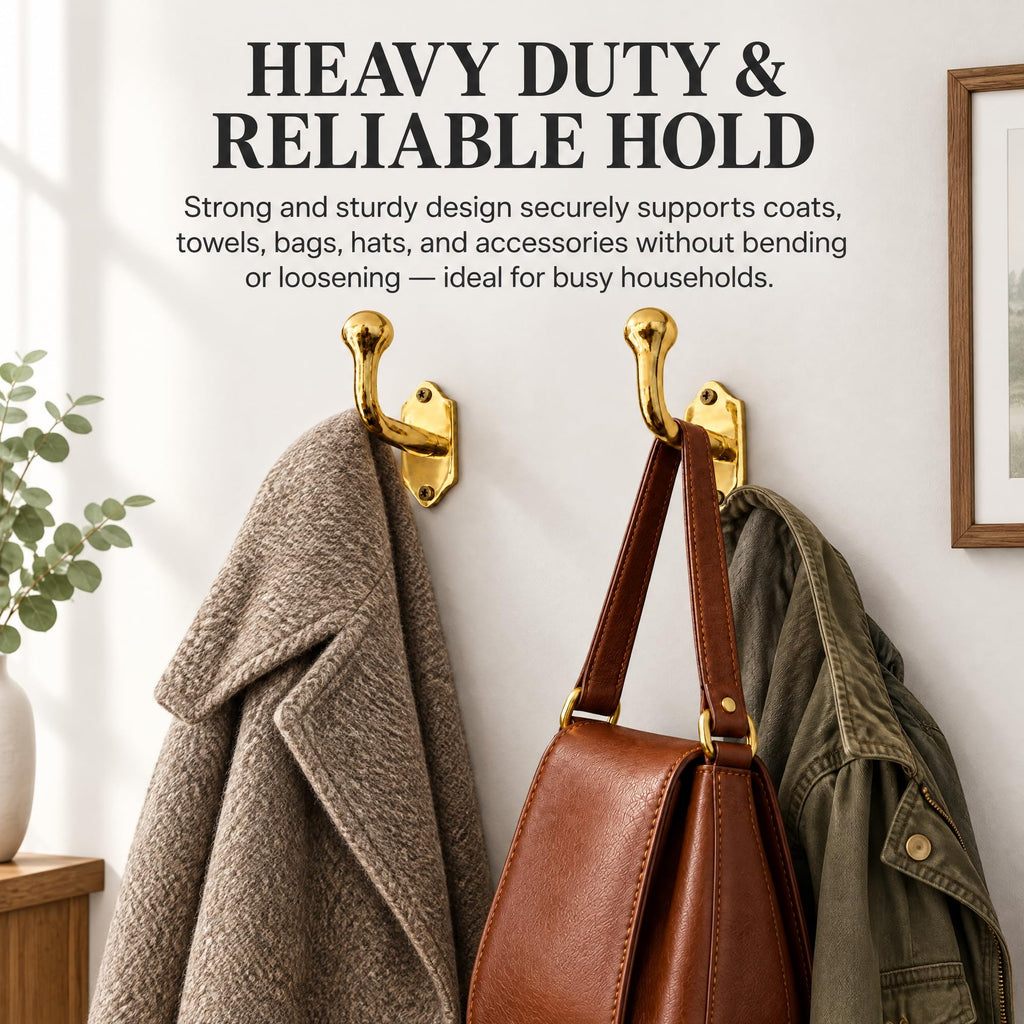Unlacquered Solid Brass Wall Hooks - Handmade Heavy Duty Coat & Towel Hooks, Wall Mounted Brass Hooks Decor | Vintage