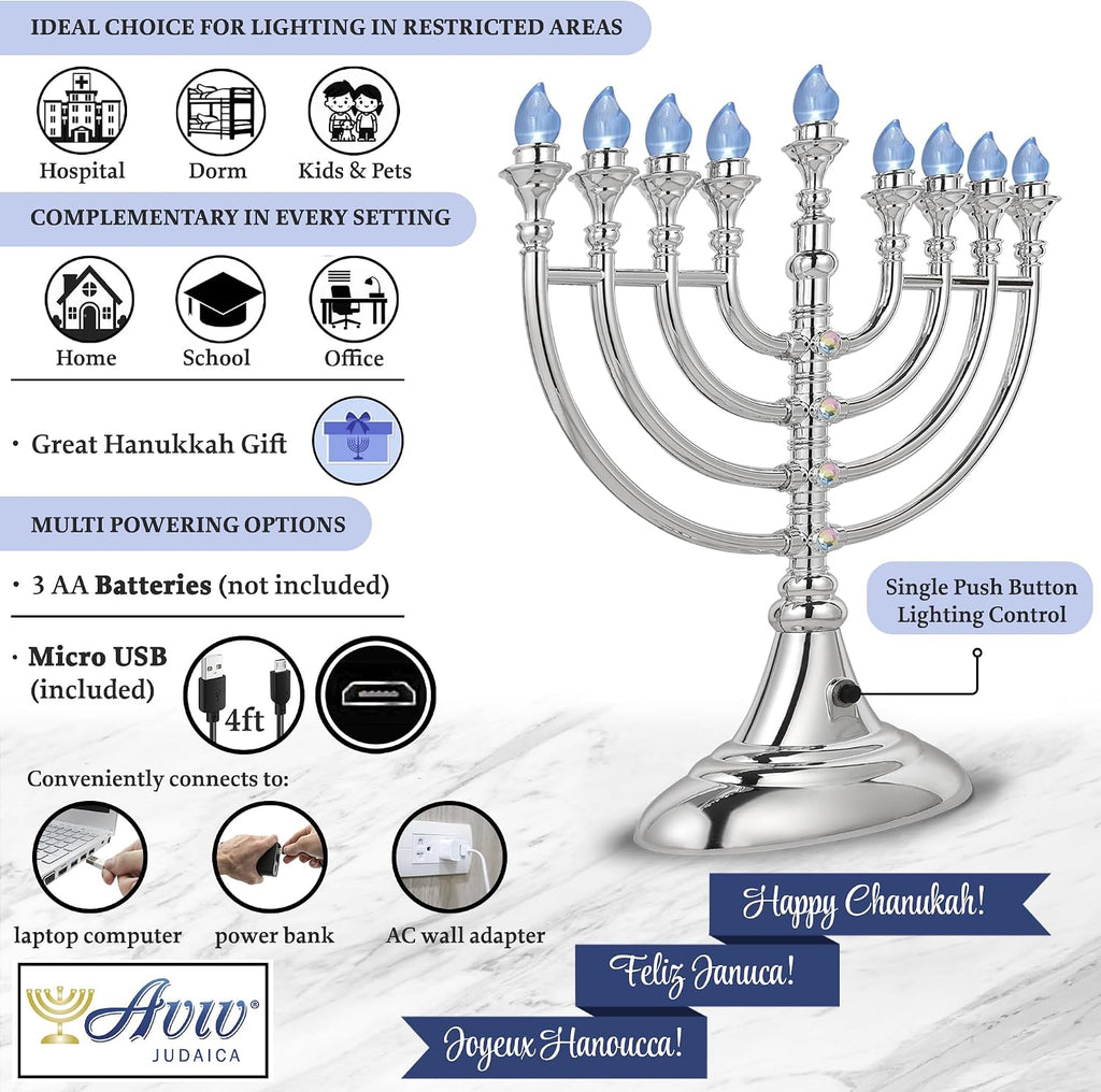 Traditional LED 13" Metallic Silver Battery or USB Powered Chanukiah with 4' USB Cable Electronic Chanukah Minorah