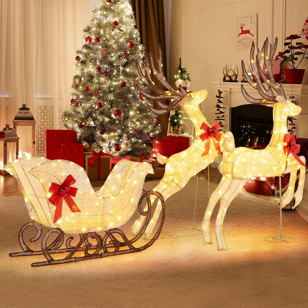 3-Piece Christmas Lighted Reindeer & Sleigh Set, Gold