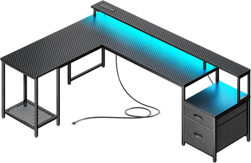 66" L Shaped Gaming Desk with LED Lights & Power Outlets